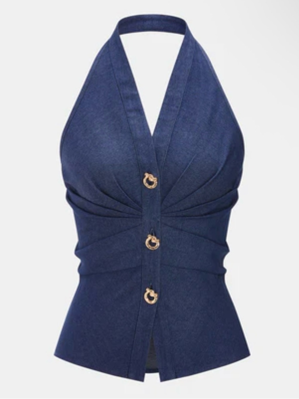 NWT Commense Denim Halter Ruched Top w/Gold Buttons MSRP $42